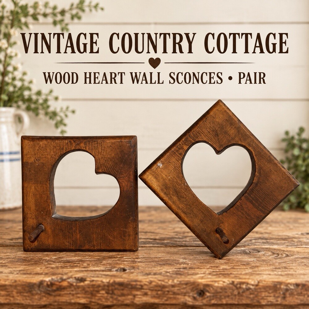 Vintage Country Cottage Wood Heart Wall Sconces Pair Rustic Farmhouse Decor